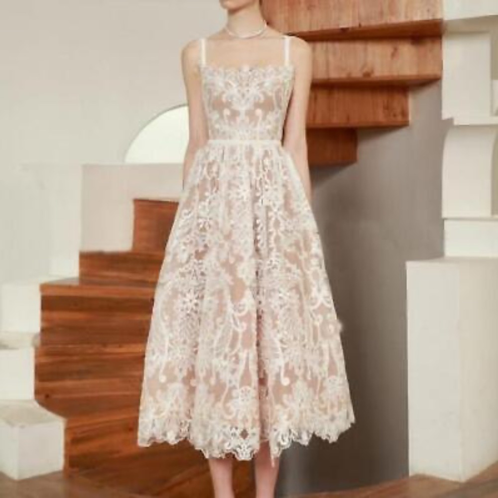 Womens Lace Spaghetti Strap Flared Midi Evening Dress